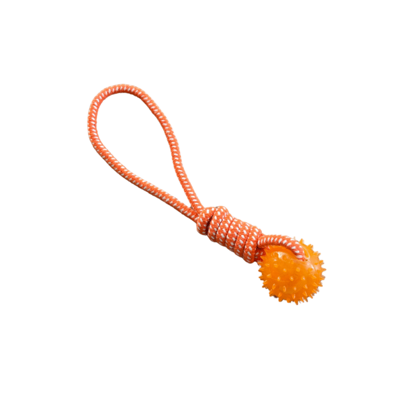 Juguete Mordedor con Cuerda y Pelota Texturizada para Perros Naranjo